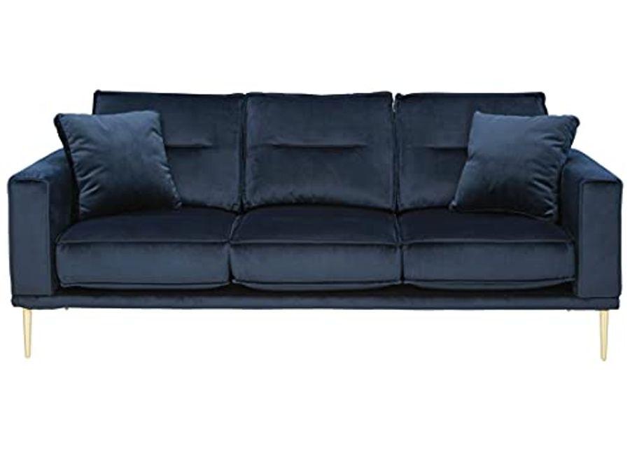 Signature Design by Ashley Macleary Modern Velvet Sofa with Gold Metal Legs, Navy Blue & Macleary Modern Velvet Glam Ottoman with Gold Metal Legs, Navy Blue