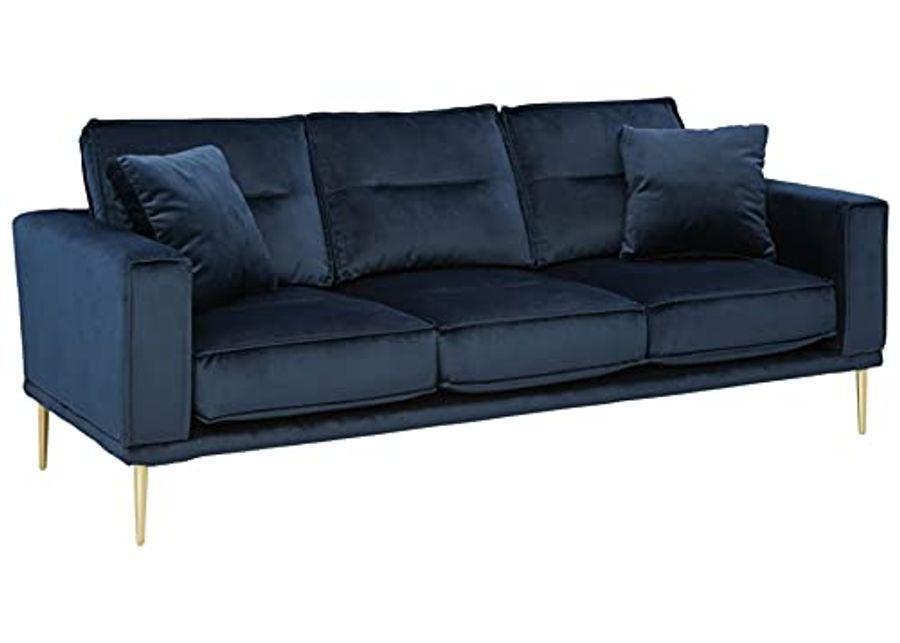 Signature Design by Ashley Macleary Modern Velvet Sofa with Gold Metal Legs, Navy Blue & Macleary Modern Velvet Glam Ottoman with Gold Metal Legs, Navy Blue