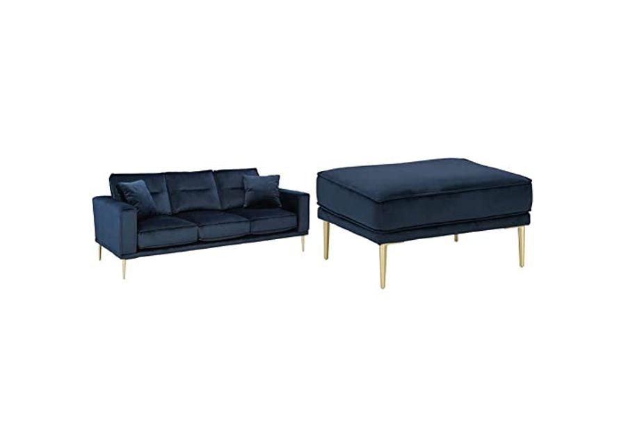 Signature Design by Ashley Macleary Modern Velvet Sofa with Gold Metal Legs, Navy Blue & Macleary Modern Velvet Glam Ottoman with Gold Metal Legs, Navy Blue