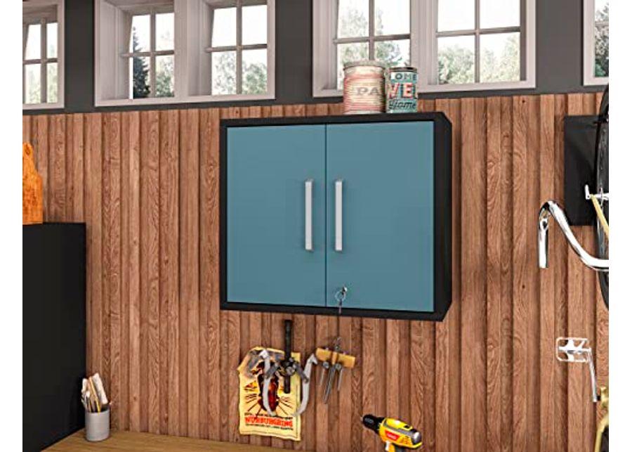 Manhattan Comfort Eiffel Floating Garage Storage with Lock and Key, Space Saver Wall Cabinet, Blue