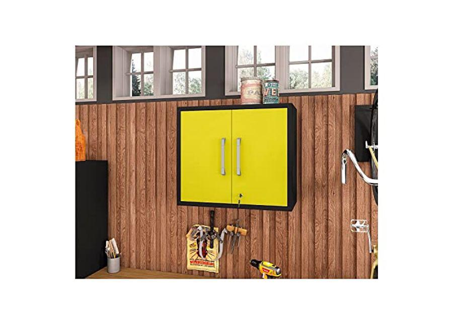 Manhattan Comfort Eiffel Floating Garage Storage with Lock and Key, Space Saver Wall Cabinet, Yellow