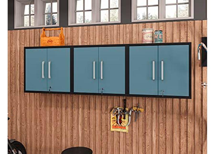 Manhattan Comfort Eiffel Floating Garage Storage with Lock and Key, Space Saver Wall Cabinet, Set of 3, Blue