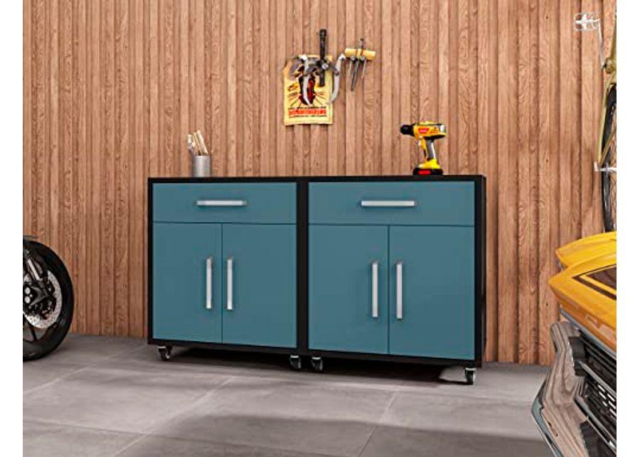 Manhattan Comfort Eiffel 28.35" Mobile Garage Storage Cabinet with 1 Drawer & 2 Shelving Spaces, Set of 2, Blue