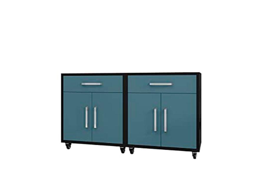 Manhattan Comfort Eiffel 28.35" Mobile Garage Storage Cabinet with 1 Drawer & 2 Shelving Spaces, Set of 2, Blue