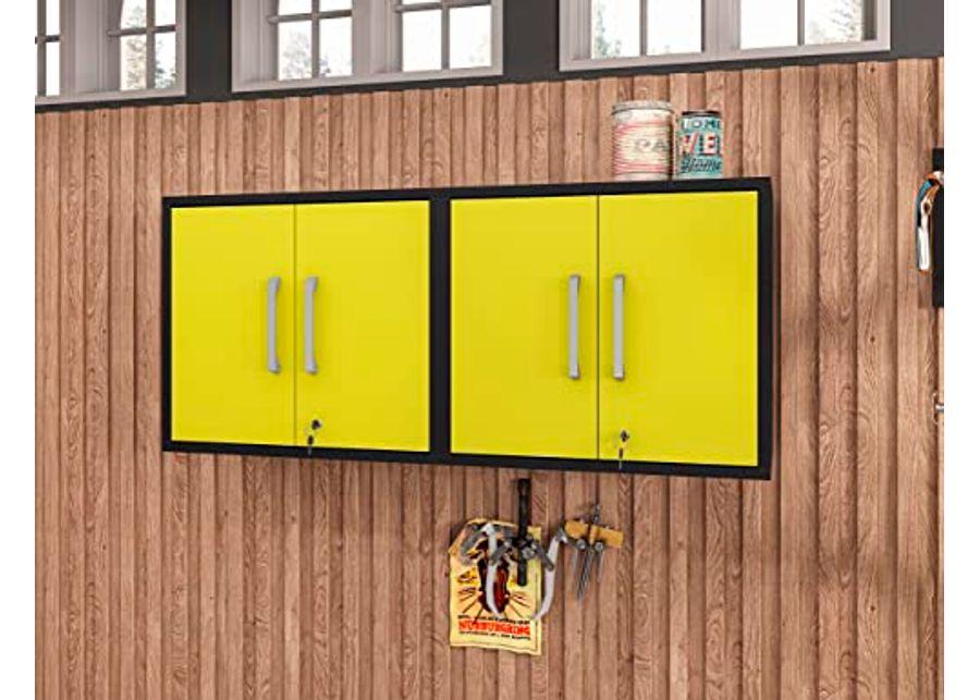 Manhattan Comfort Eiffel Floating Garage Storage with Lock and Key, Space Saver Wall Cabinet, Set of 2, Yellow