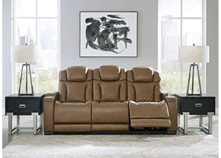 Signature Design by Ashley Strikefirst Contemporary Tufted Leather Power Reclining Sofa with Adjustable Headrest, Light Brown