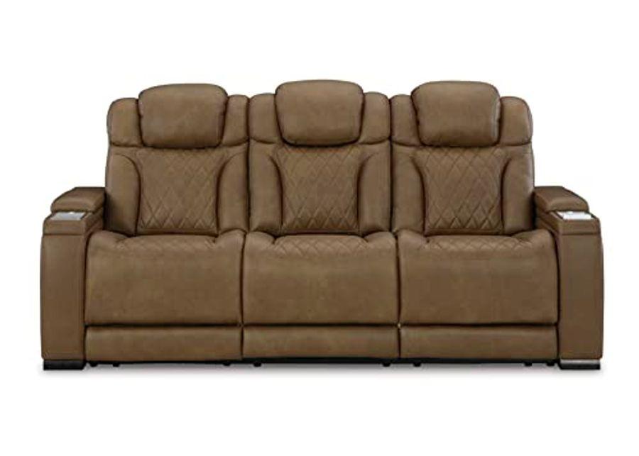 Signature Design by Ashley Strikefirst Contemporary Tufted Leather Power Reclining Sofa with Adjustable Headrest, Light Brown