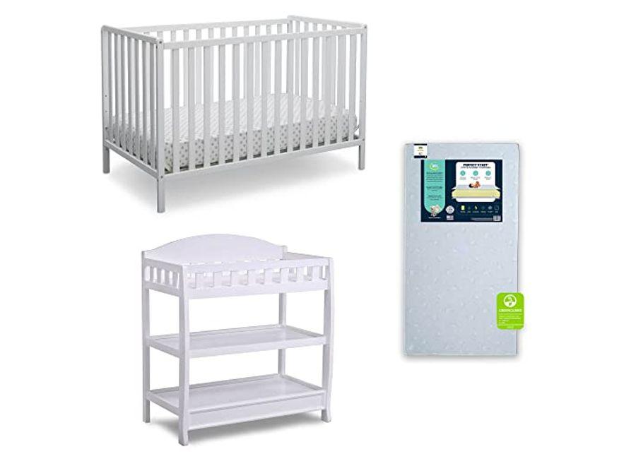 Delta Children Heartland 4-in-1 Convertible Crib Infant Changing Table with Pad + Serta Perfect Start Crib Mattress, Bianca White
