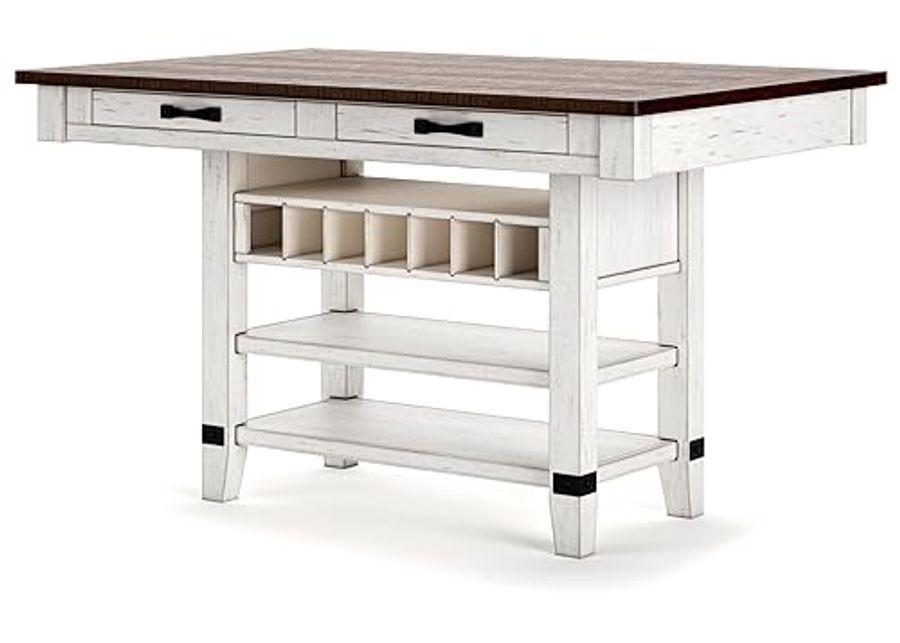 Signature Design by Ashley Valebeck Rustic Counter Height Dining Table with 4 Drawers, 2 Open Shelves and 7-bottle Wine Rack, White & Dark Brown