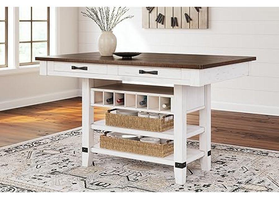 Signature Design by Ashley Valebeck Rustic Counter Height Dining Table with 4 Drawers, 2 Open Shelves and 7-bottle Wine Rack, White & Dark Brown