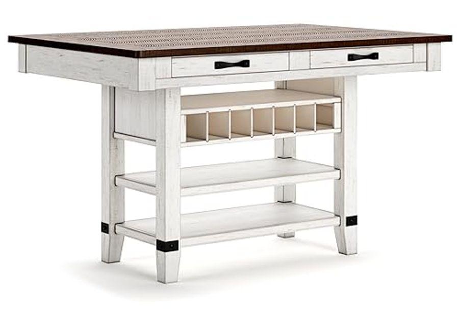 Signature Design by Ashley Valebeck Rustic Counter Height Dining Table with 4 Drawers, 2 Open Shelves and 7-bottle Wine Rack, White & Dark Brown