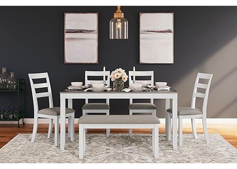 Signature Design by Ashley Stonehollow Modern Farmhouse Dining Table with Upholstered Chairs and Bench, Set of 6, White & Gray