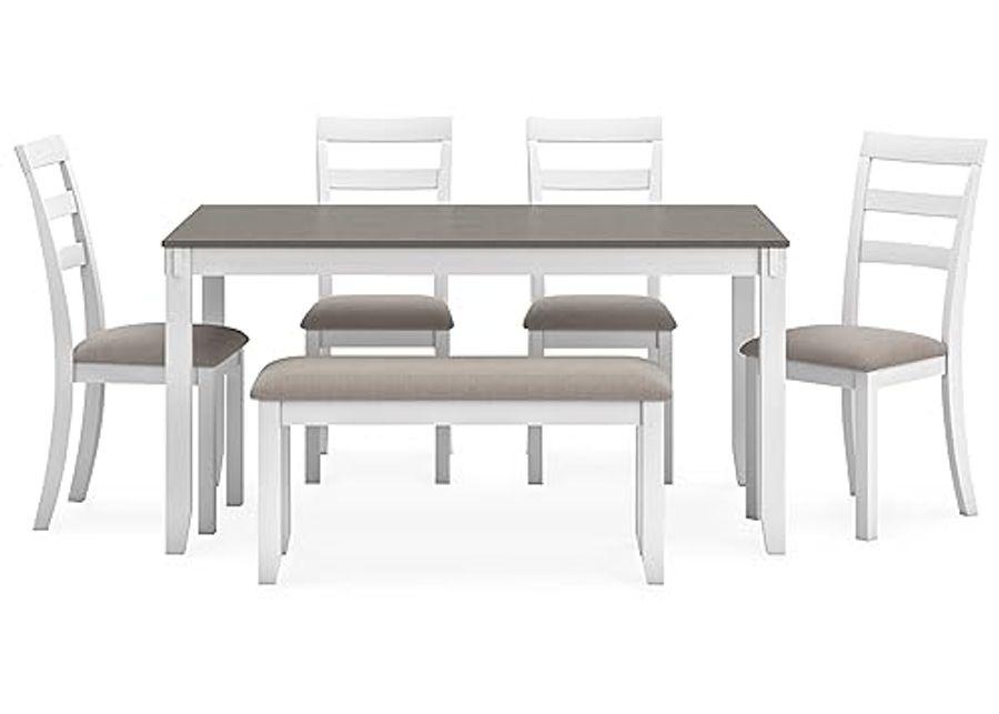 Signature Design by Ashley Stonehollow Modern Farmhouse Dining Table with Upholstered Chairs and Bench, Set of 6, White & Gray