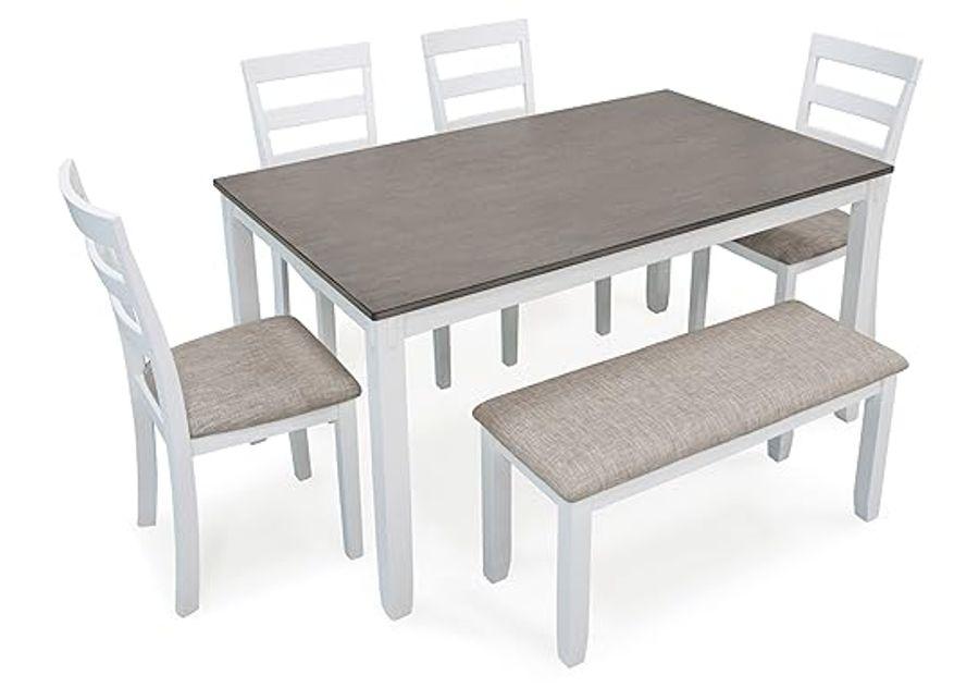 Signature Design by Ashley Stonehollow Modern Farmhouse Dining Table with Upholstered Chairs and Bench, Set of 6, White & Gray