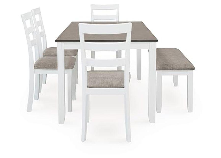 Signature Design by Ashley Stonehollow Modern Farmhouse Dining Table with Upholstered Chairs and Bench, Set of 6, White & Gray