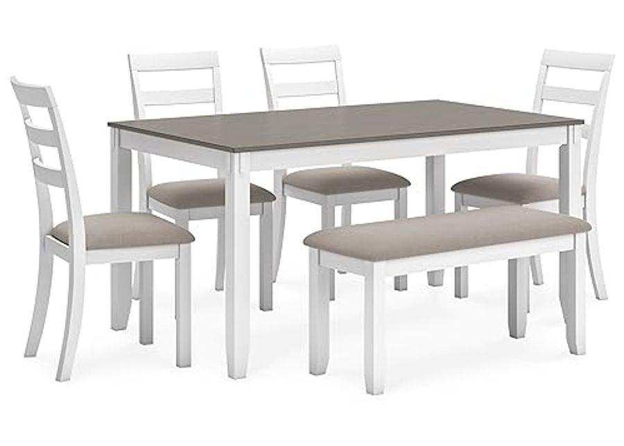 Signature Design by Ashley Stonehollow Modern Farmhouse Dining Table with Upholstered Chairs and Bench, Set of 6, White & Gray