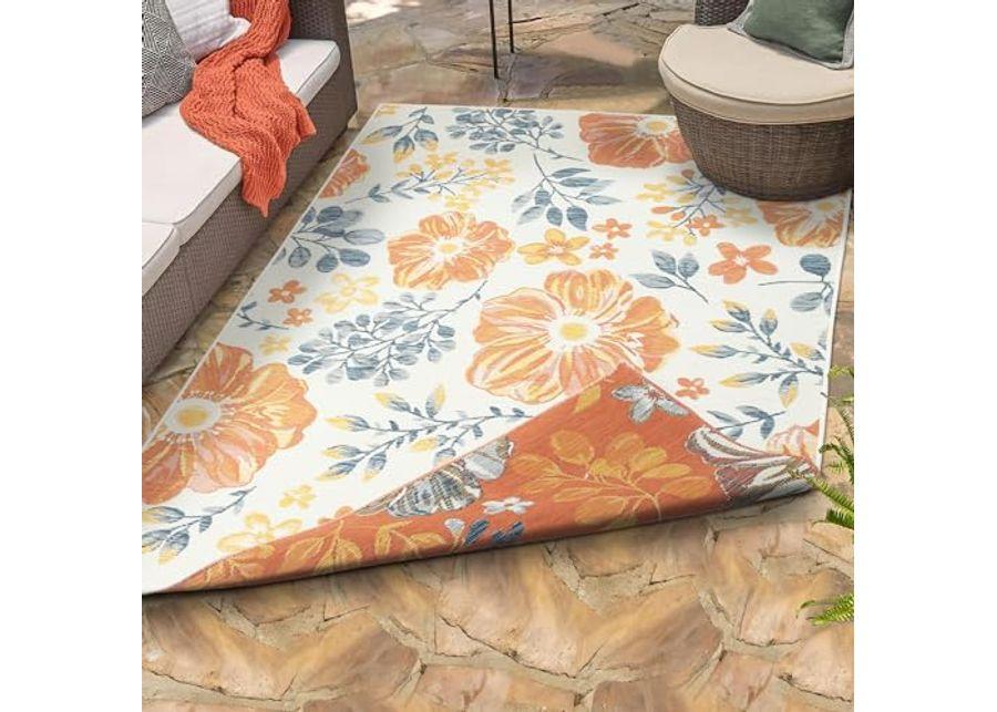 L. R. Resources, Inc. Binny CER Blue/Ivory Floral Coastal Indoor/Outdoor Reversible Area Rug, 2' x 8'