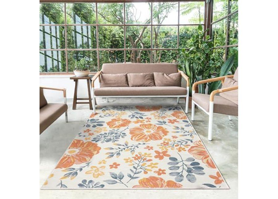 L. R. Resources, Inc. Binny CER Blue/Ivory Floral Coastal Indoor/Outdoor Reversible Area Rug, 2' x 8'