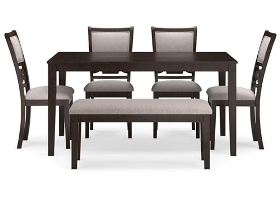 Signature Deisgn by Ashley Langwest Dining Table and 4 Chairs and Bench, Set of 6, 60" W x 36" D x 30" H, Dark Brown & Beige