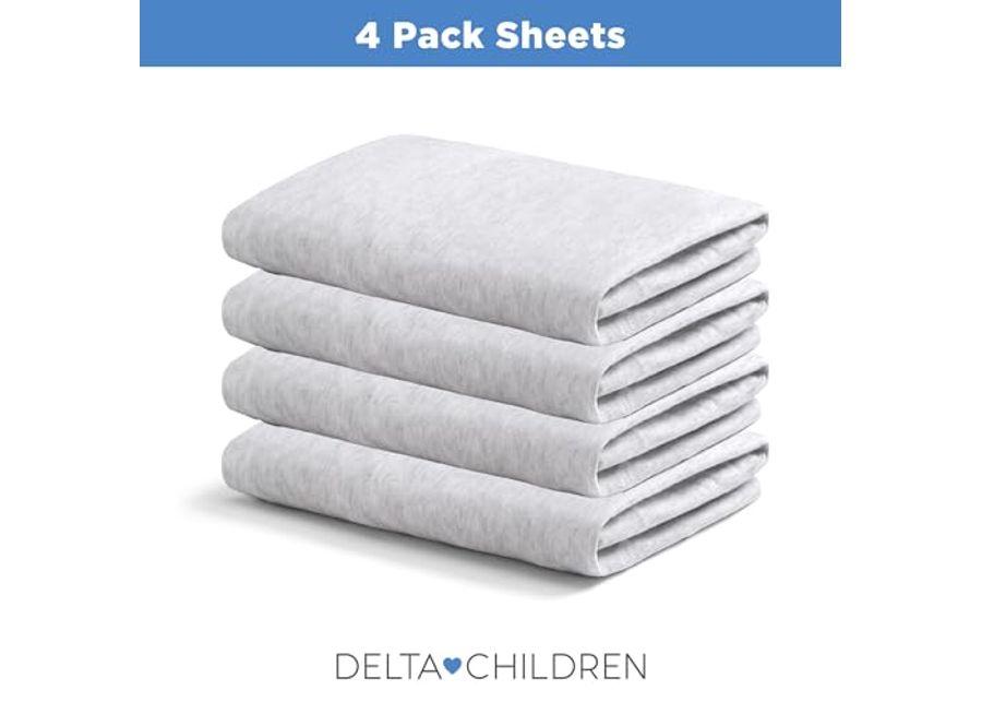 Delta Children Crib Sheet Set, 4 Pack, Soft and Breathable 100% Jersey Knit Fitted Sheet Set, Crib Sheets for Baby Boys and Girls, Grey