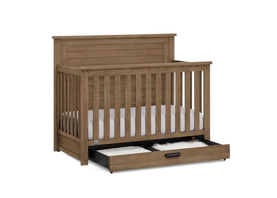 Delta Children Simmons Kids Caden 6-in-1 Convertible Crib with Trundle Drawer, Greenguard Gold Certified, Aged Oak