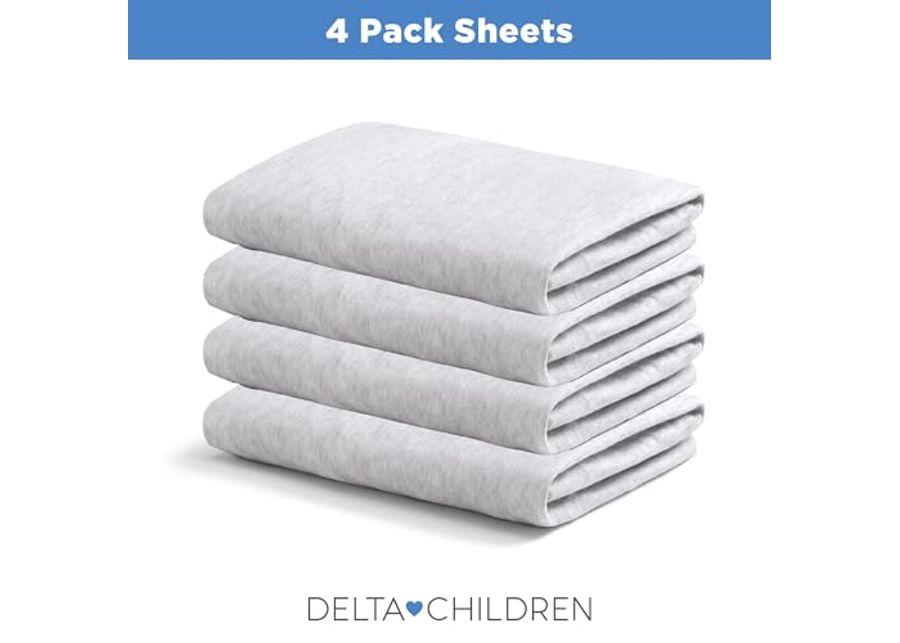 Delta Children 3-Inch Mini Crib Sheet Set, 4 Pack, Soft and Breathable 100% Jersey Knit Fitted Sheet Set, Crib Sheets for Baby Boys and Girls, Grey