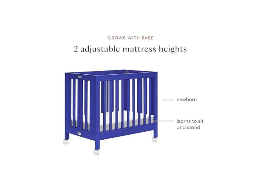 Babyletto Origami Mini Portable Crib Folding with Wheels in Cobalt, 2 Adjustable Mattress Positions, Greenguard Gold Certified