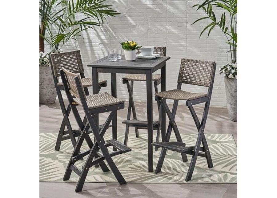 Christopher Knight Home Polaris Outdoor Acacia Wood and Wicker 5 Piece Square Bar Bistro Set, 15 "W x 22 "D x 41.75 "H, Dark Gray + Brown