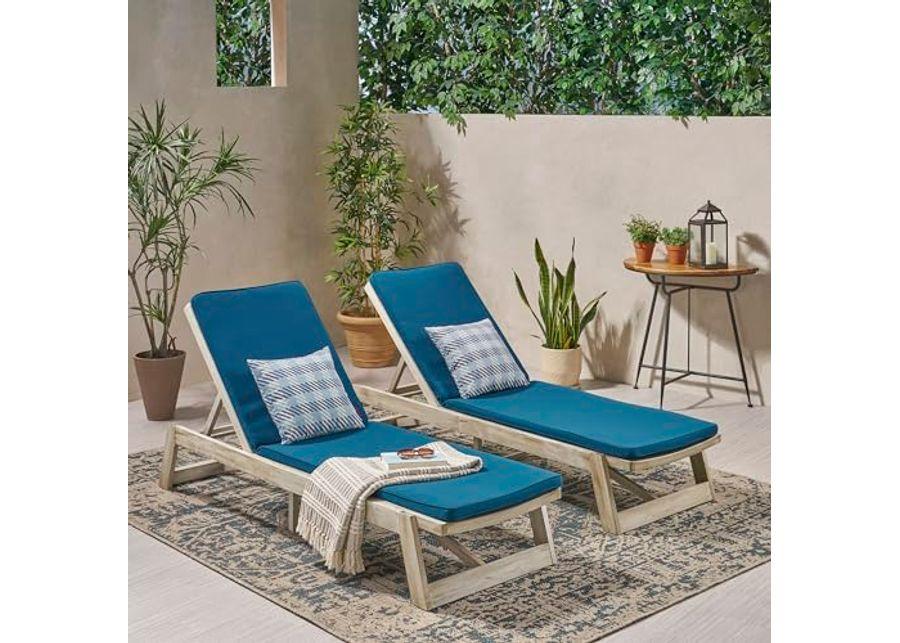 Christopher Knight Home Maki Outdoor Acacia Wood Chaise Lounges with Cushion (Set of 2), 78.75 "W x 23.75 "D x 1.5 "H, Weathered Gray + Gray + Blue