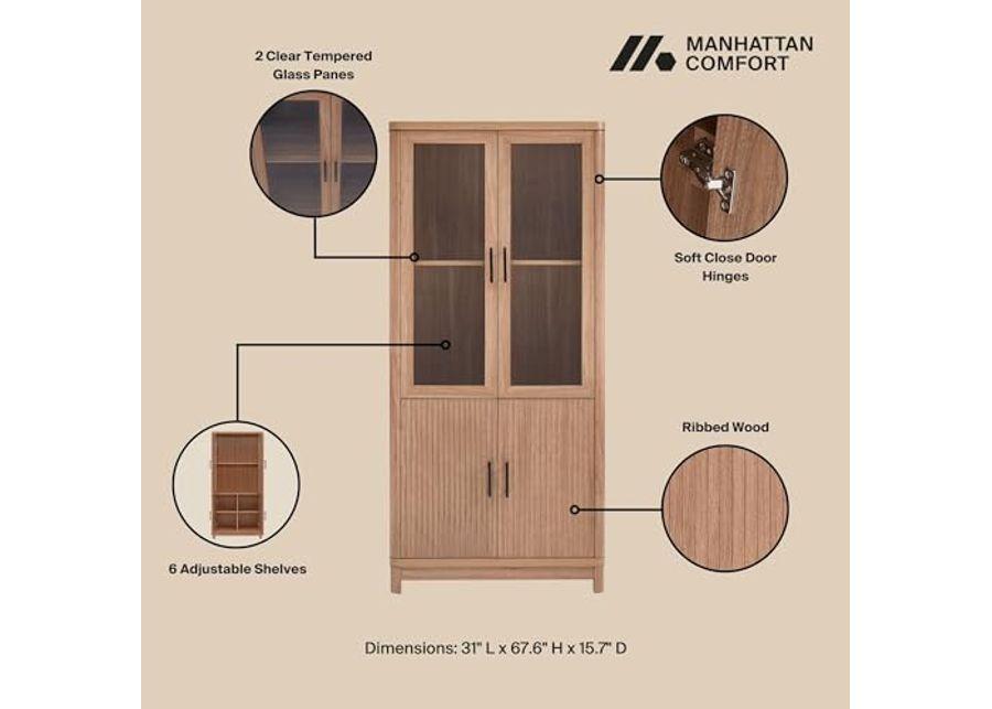 Manhattan Comfort Mid Century- Modern Jodie Bookcase with Adjustable Shelves and Tempered Glass Doors, Maple