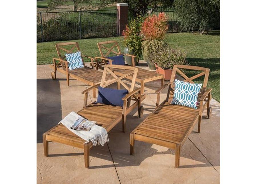 Christopher Knight Home Perla Outdoor Acacia Wood Chaise Lounge with Wheels (Set of 4), 79 "W x 30 "D x 22 "H, Teak