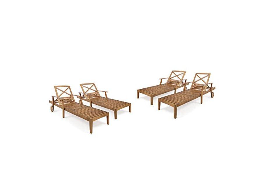 Christopher Knight Home Perla Outdoor Acacia Wood Chaise Lounge with Wheels (Set of 4), 79 "W x 30 "D x 22 "H, Teak