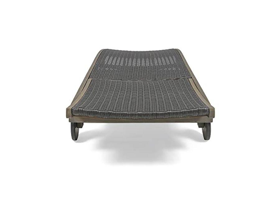 Christopher Knight Home Banzai Outdoor Wicker and Wood Chaise Lounge with Pull-Out Tray, 79.25 "W x 27.5 "D x 11.25 "H, Gray