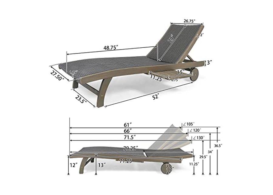 Christopher Knight Home Banzai Outdoor Wicker and Wood Chaise Lounge with Pull-Out Tray, 79.25 "W x 27.5 "D x 11.25 "H, Gray