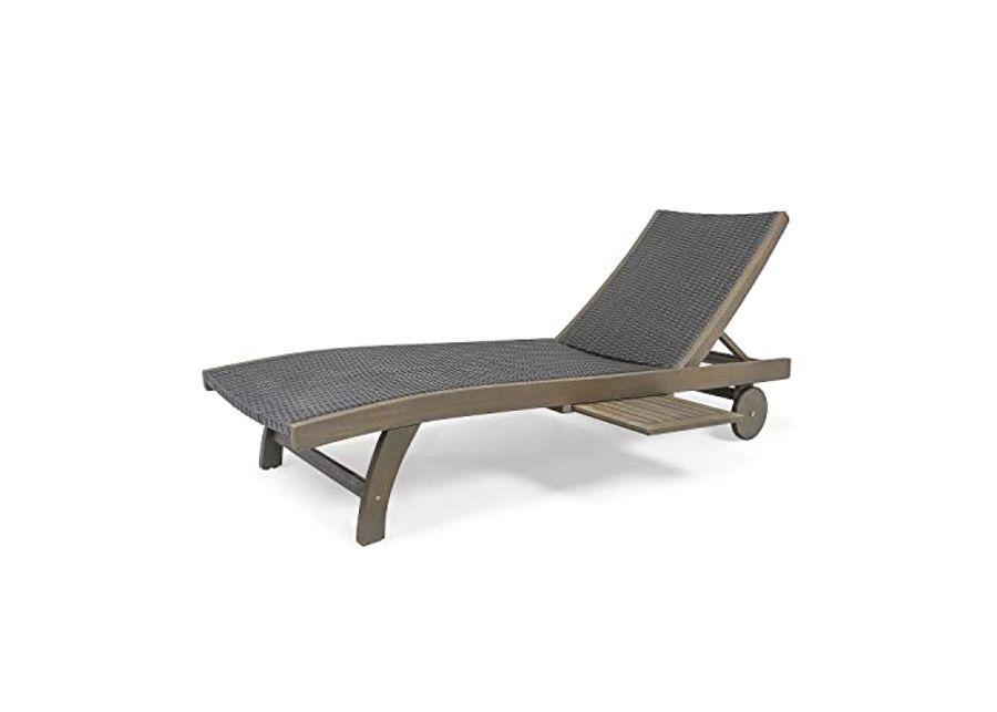 Christopher Knight Home Banzai Outdoor Wicker and Wood Chaise Lounge with Pull-Out Tray, 79.25 "W x 27.5 "D x 11.25 "H, Gray