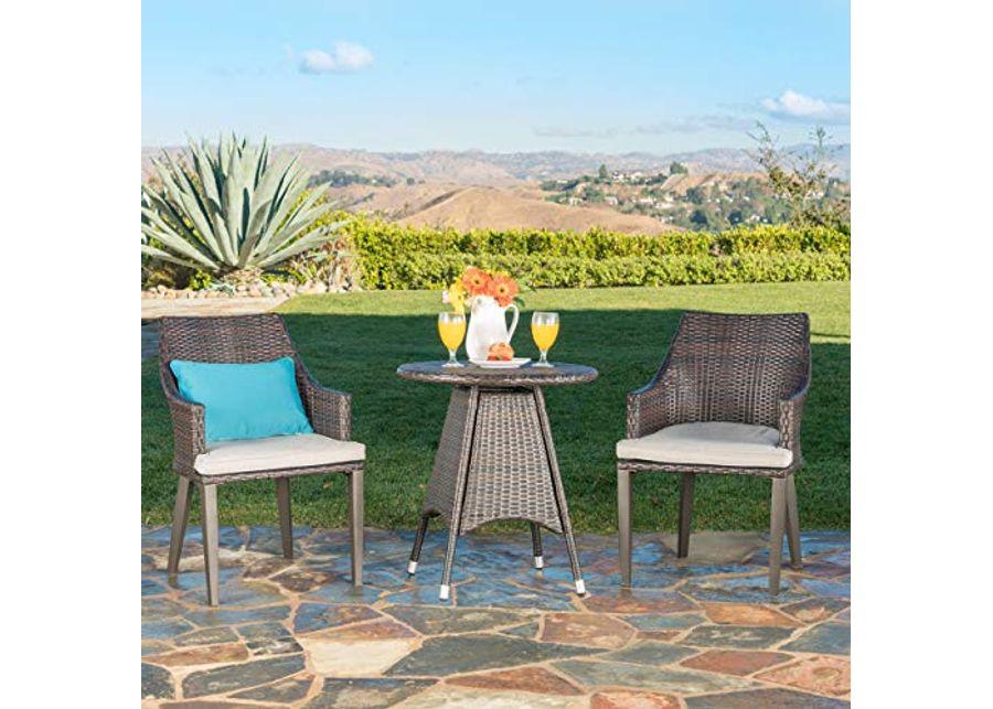 Christopher Knight Home Hillhurst Outdoor 3 Piece Wicker Bistro Set with Water Resistant Cushions and Metal Frame, 25.75 "W x 25.75 "D x 28.35 "H, Multibrown + Light Brown