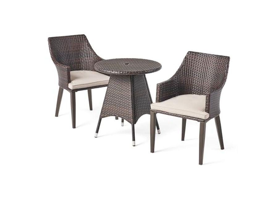 Christopher Knight Home Hillhurst Outdoor 3 Piece Wicker Bistro Set with Water Resistant Cushions and Metal Frame, 25.75 "W x 25.75 "D x 28.35 "H, Multibrown + Light Brown