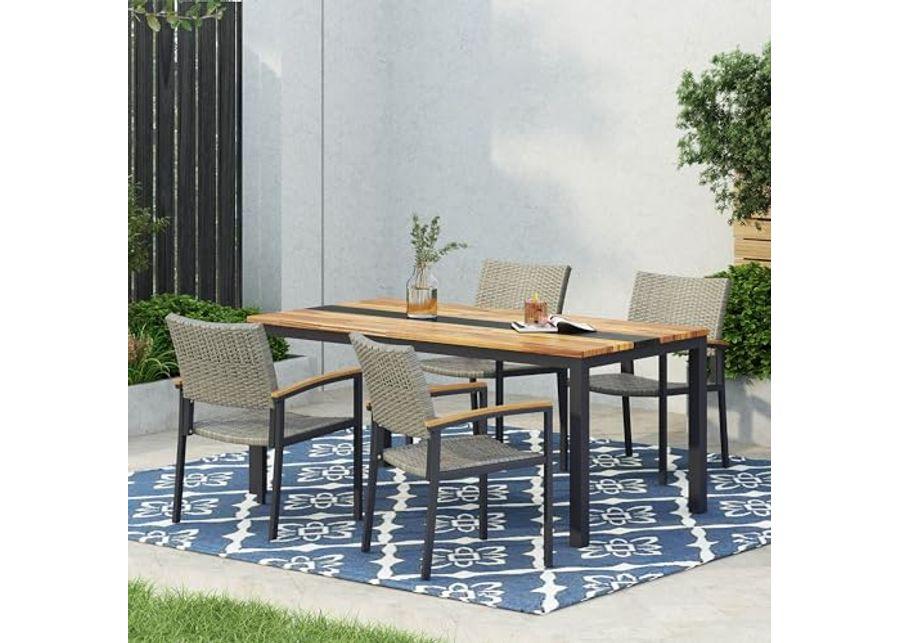 Christopher Knight Home Luton Outdoor Aluminum Dining Chairs Wood Accents and Faux Rattan Seats (Set of 4), 22.25 "W x 24.5 "D x 33.5 "H, Gray + Natural Brown