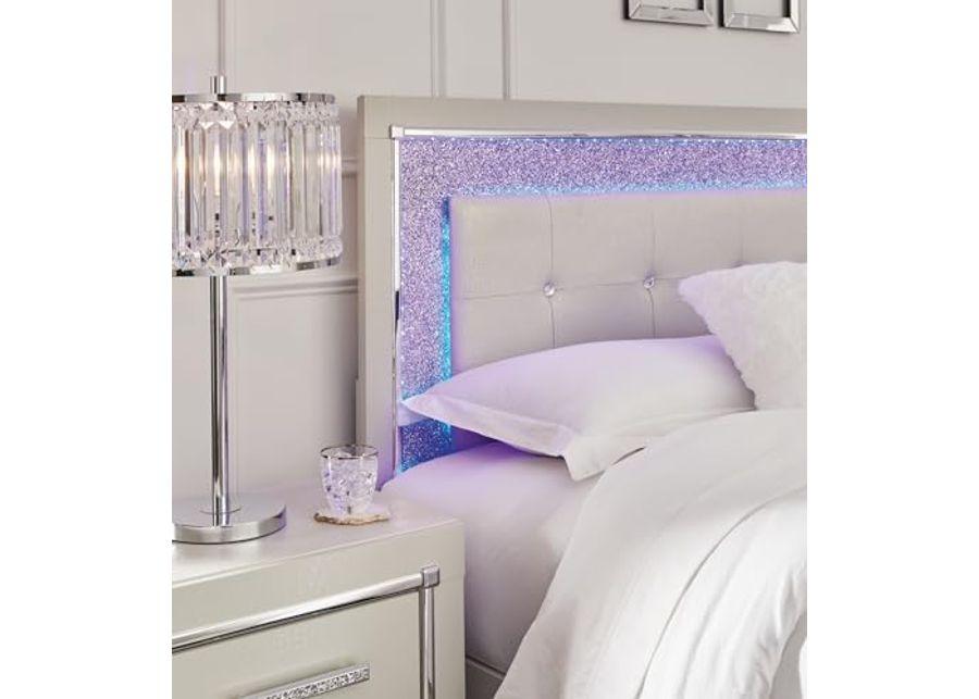 Signature Design by Ashley Zyniden Glam Faux Alligator Effect Tufted Upholstered Panel Headboard with Adjustable Height, LED Lights and Remote, King, Light Gray & Chrome