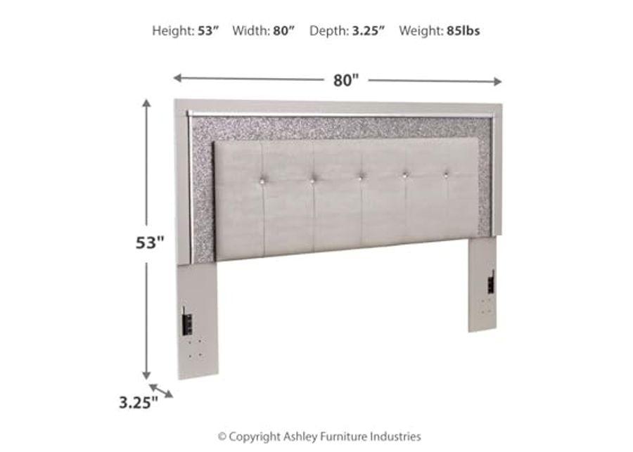 Signature Design by Ashley Zyniden Glam Faux Alligator Effect Tufted Upholstered Panel Headboard with Adjustable Height, LED Lights and Remote, King, Light Gray & Chrome