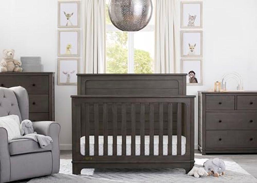 Delta Children Simmons Kids Slumbertime Monterey 4-in-1 Convertible Crib, Rustic Grey + Simmons Kids Quiet Nights Breathable Baby Bed Crib Mattress with Removable/Machine Washable Cover (Bundle)