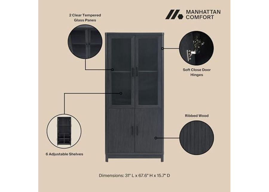 Manhattan Comfort 3 Piece- Mid Century- Modern Jodie Bookcase with Adjustable Shelves and Tempered Glass Doors, Charcoal Grey