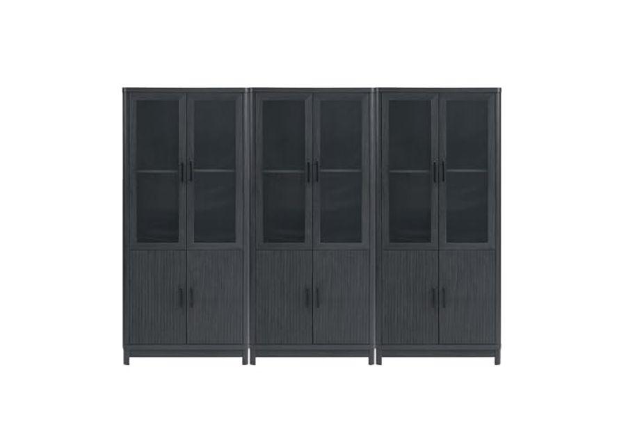 Manhattan Comfort 3 Piece- Mid Century- Modern Jodie Bookcase with Adjustable Shelves and Tempered Glass Doors, Charcoal Grey