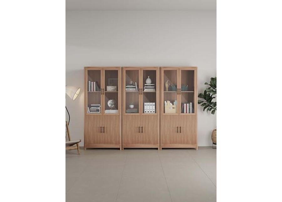 Manhattan Comfort 3 Piece- Mid Century- Modern Jodie Bookcase with Adjustable Shelves and Tempered Glass Doors, Maple