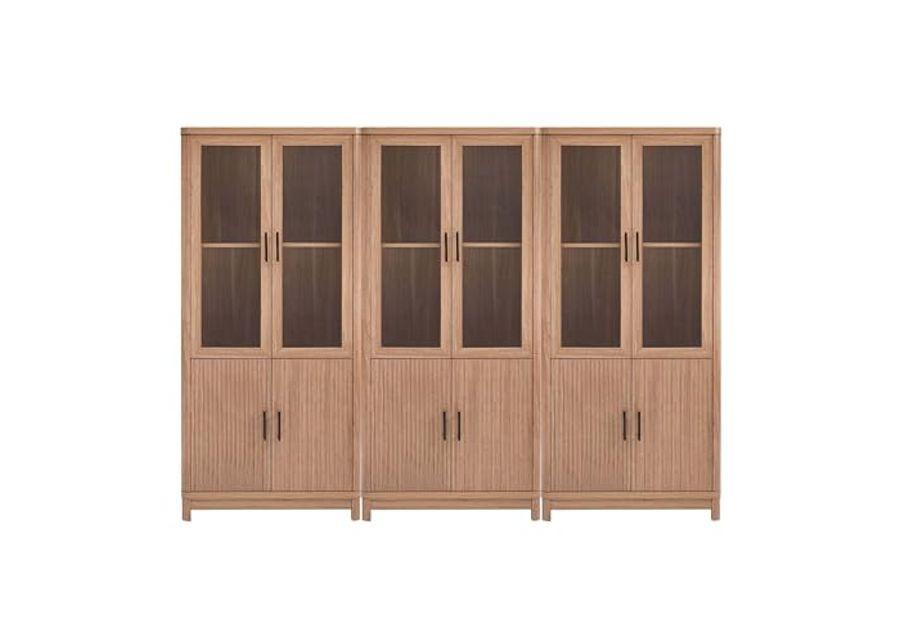 Manhattan Comfort 3 Piece- Mid Century- Modern Jodie Bookcase with Adjustable Shelves and Tempered Glass Doors, Maple