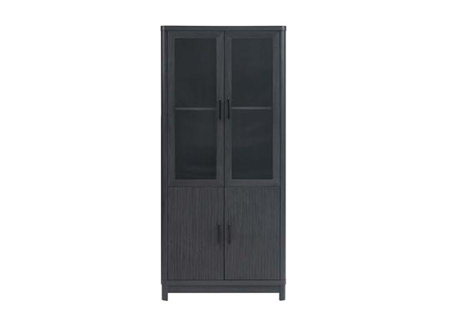 Manhattan Comfort Mid Century- Modern Jodie Bookcase with Adjustable Shelves and Tempered Glass Doors, Charcoal Grey