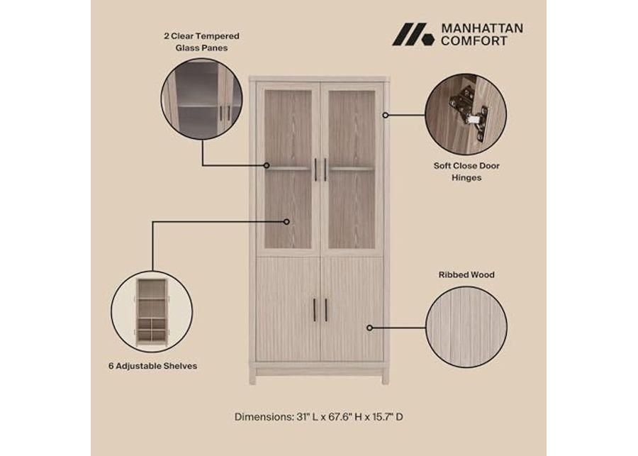 Manhattan Comfort 3 Piece- Mid Century- Modern Jodie Bookcase with Adjustable Shelves and Tempered Glass Doors, Whitewashed Oak