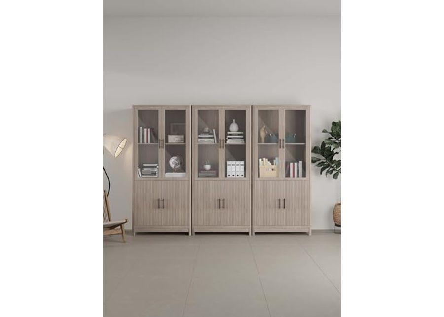 Manhattan Comfort 3 Piece- Mid Century- Modern Jodie Bookcase with Adjustable Shelves and Tempered Glass Doors, Whitewashed Oak