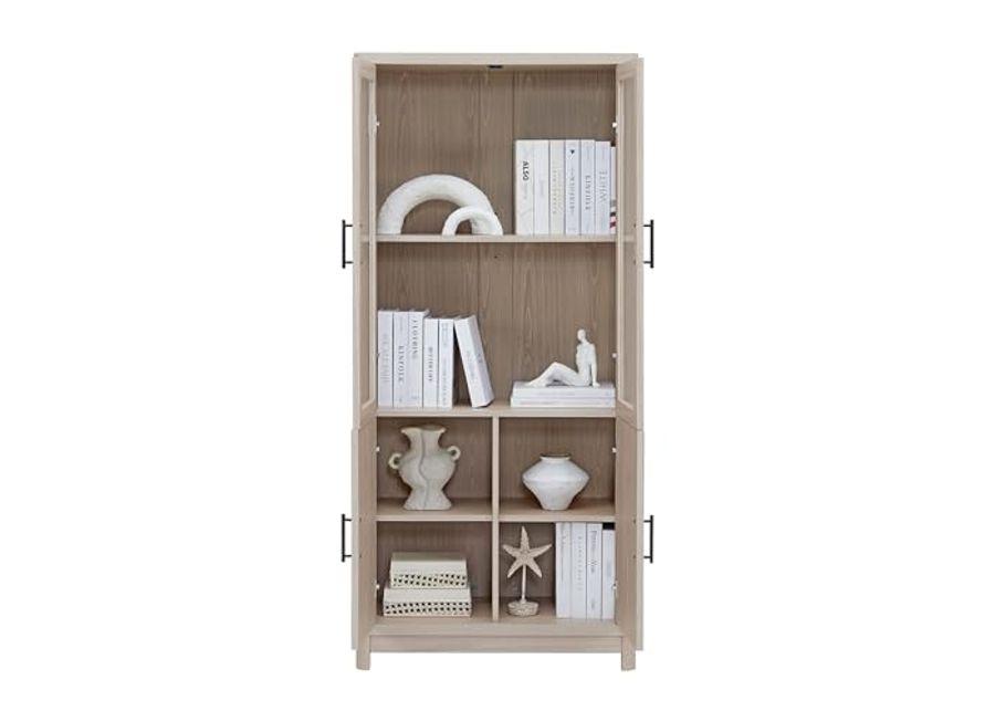 Manhattan Comfort Mid Century- Modern Jodie Bookcase with Adjustable Shelves and Tempered Glass Doors, Whitewashed Oak