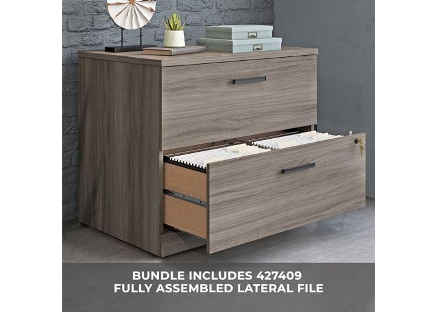 OfficeWorks by Sauder 60" x 35" Bowfront Desk with Lateral File, Hudson Elm Finish